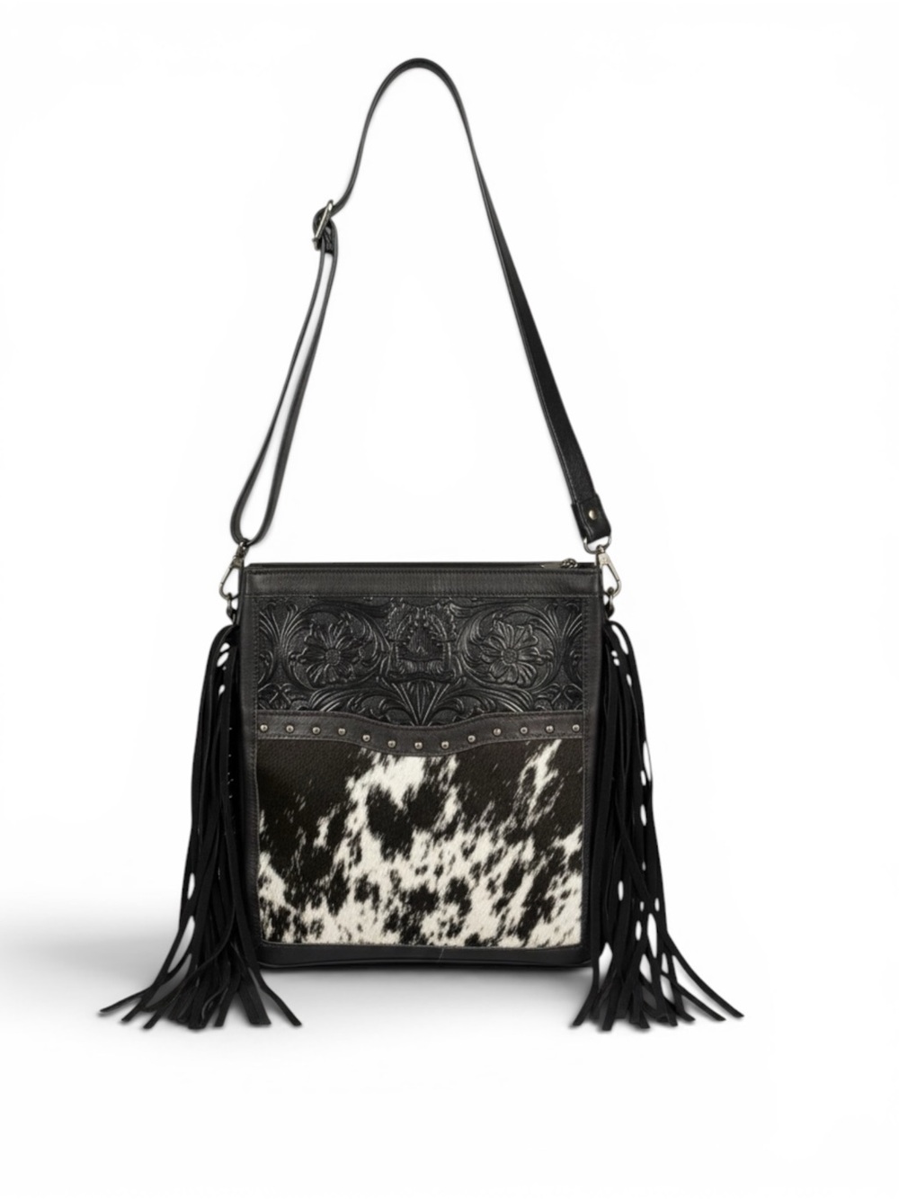 Montana West Black & White Cowhide Fringe Crossbody Bag - Picture 9 of 11